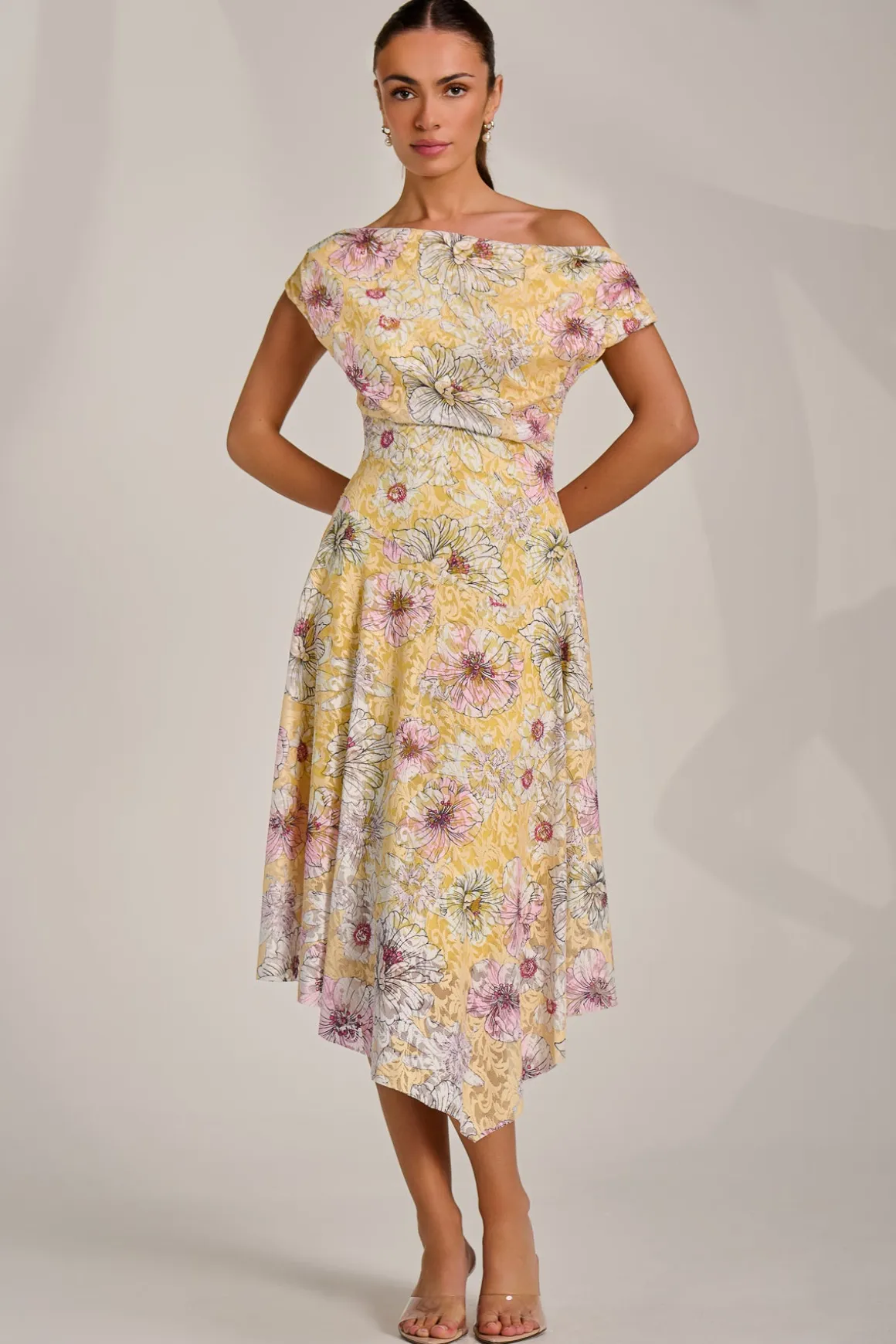 Asymmetric Printed Lace Draped Dress, Yellow Floral