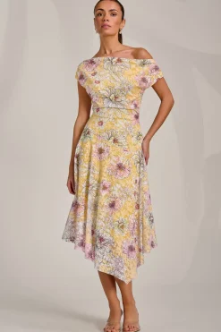 Asymmetric Printed Lace Draped Dress, Yellow Floral