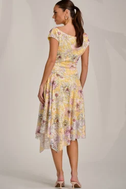 Asymmetric Printed Lace Draped Dress, Yellow Floral
