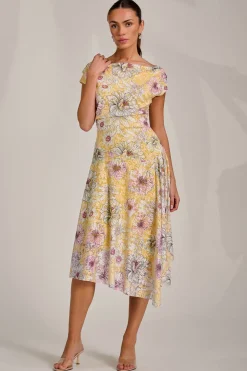 Asymmetric Printed Lace Draped Dress, Yellow Floral