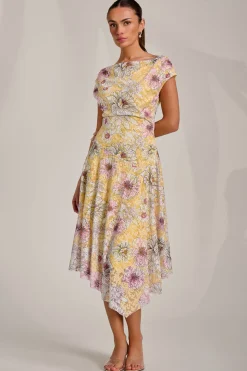 Asymmetric Printed Lace Draped Dress, Yellow Floral