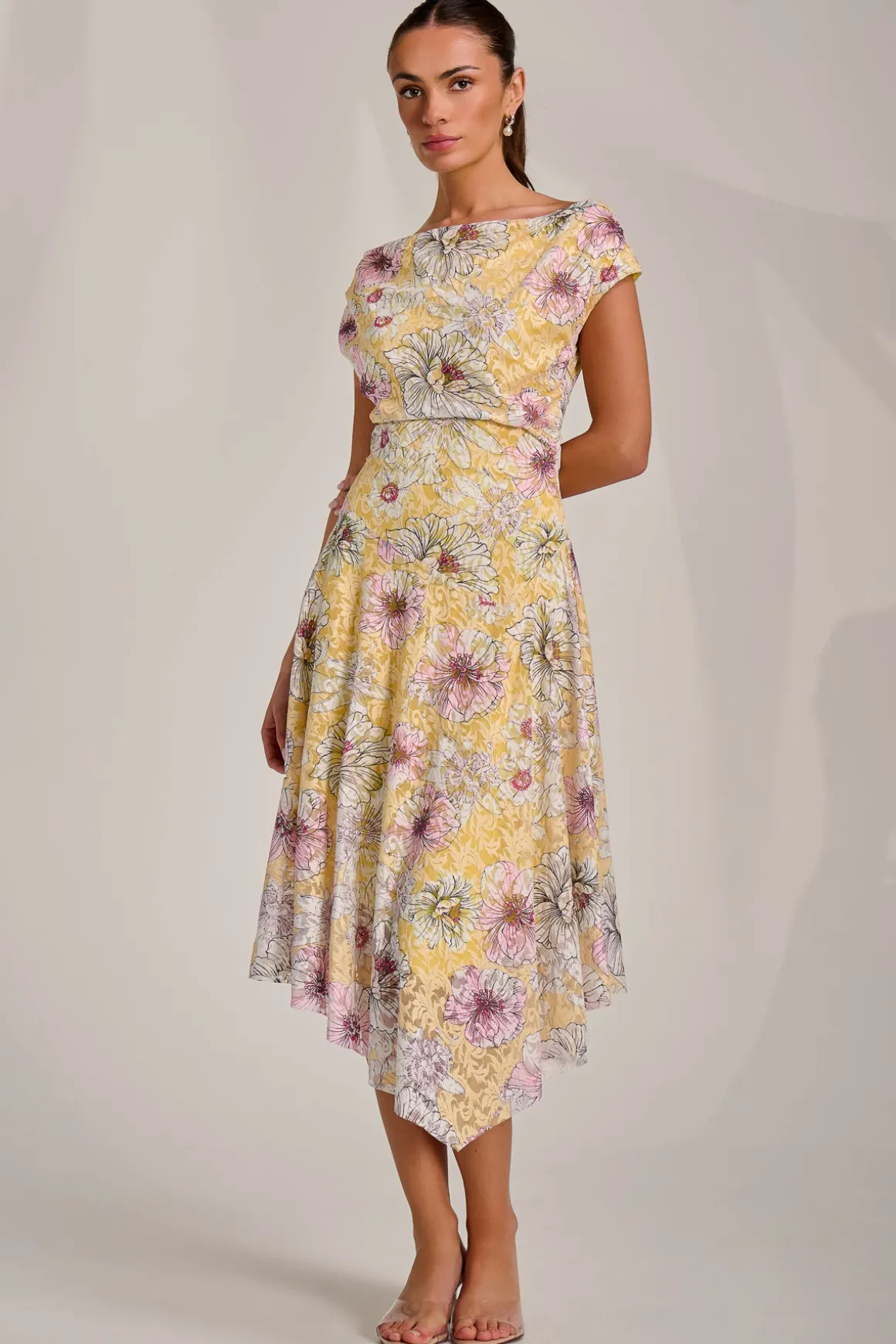 Asymmetric Printed Lace Draped Dress, Yellow Floral