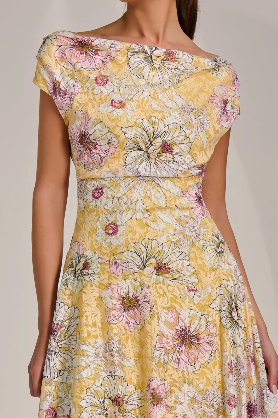 Asymmetric Printed Lace Draped Dress, Yellow Floral
