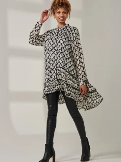 Asymmetric Tiered Hem Shirt, Black Abstract
