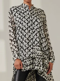 Asymmetric Tiered Hem Shirt, Black Abstract