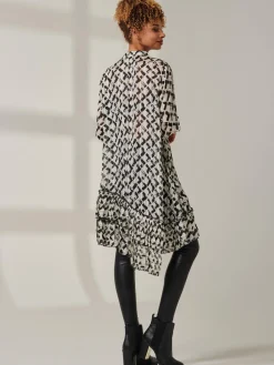 Asymmetric Tiered Hem Shirt, Black Abstract