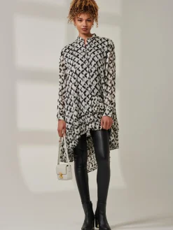 Asymmetric Tiered Hem Shirt, Black Abstract
