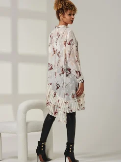 Asymmetric Tiered Hem Shirt, Cream Floral