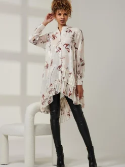 Asymmetric Tiered Hem Shirt, Cream Floral