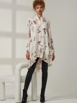 Asymmetric Tiered Hem Shirt, Cream Floral