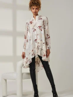 Asymmetric Tiered Hem Shirt, Cream Floral
