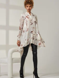 Asymmetric Tiered Hem Shirt, Cream Floral