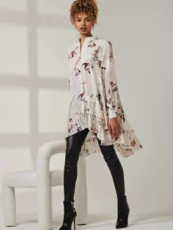 Asymmetric Tiered Hem Shirt, Cream Floral