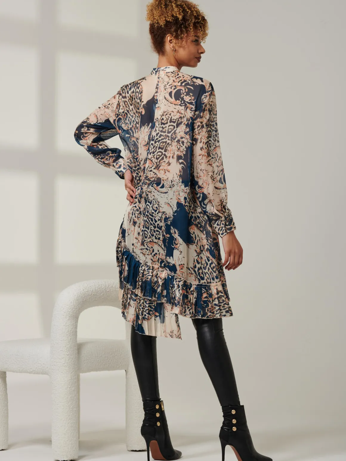 Asymmetric Tiered Hem Shirt, Teal Pattern