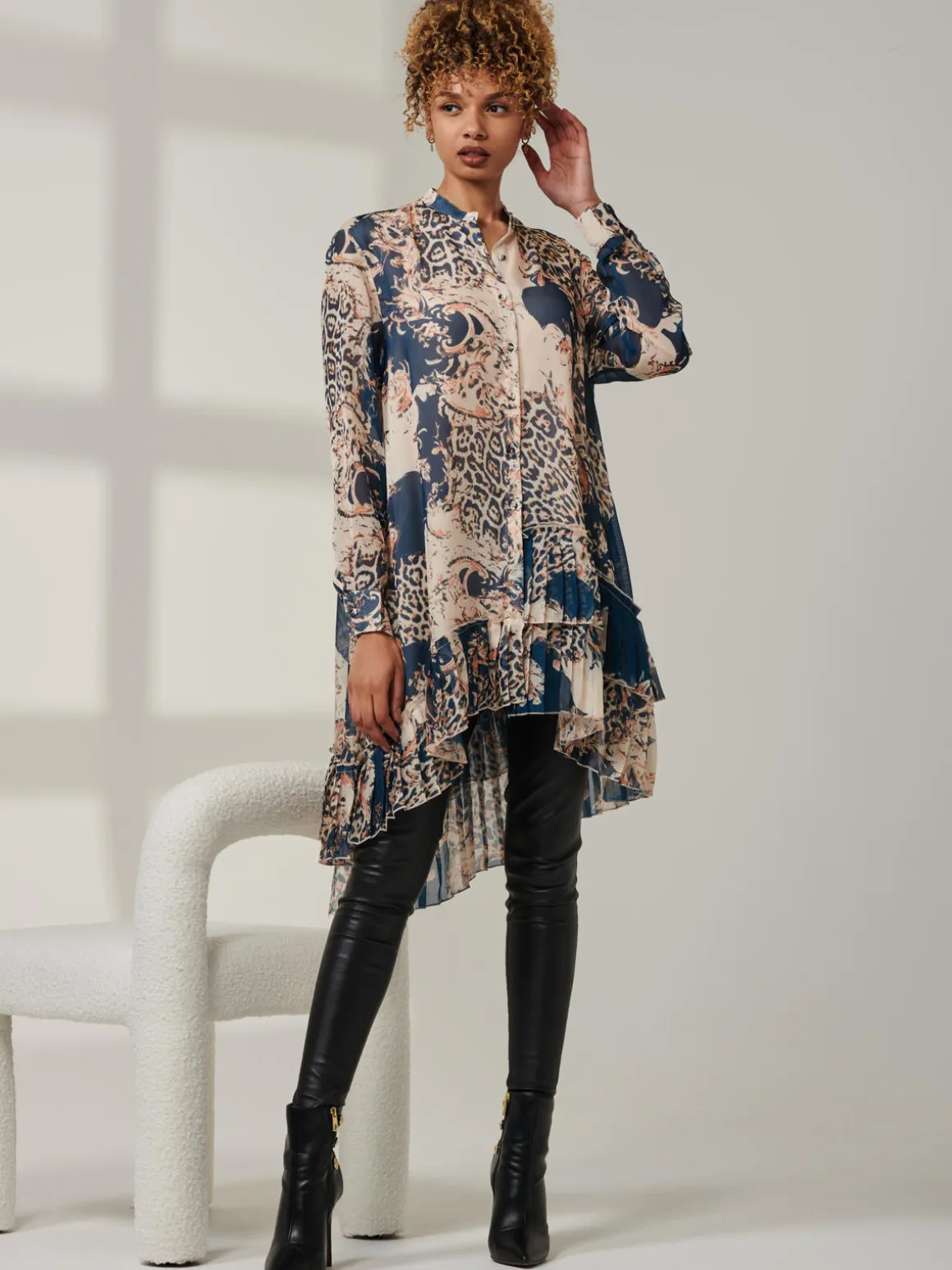 Asymmetric Tiered Hem Shirt, Teal Pattern