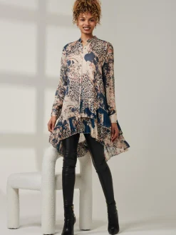 Asymmetric Tiered Hem Shirt, Teal Pattern