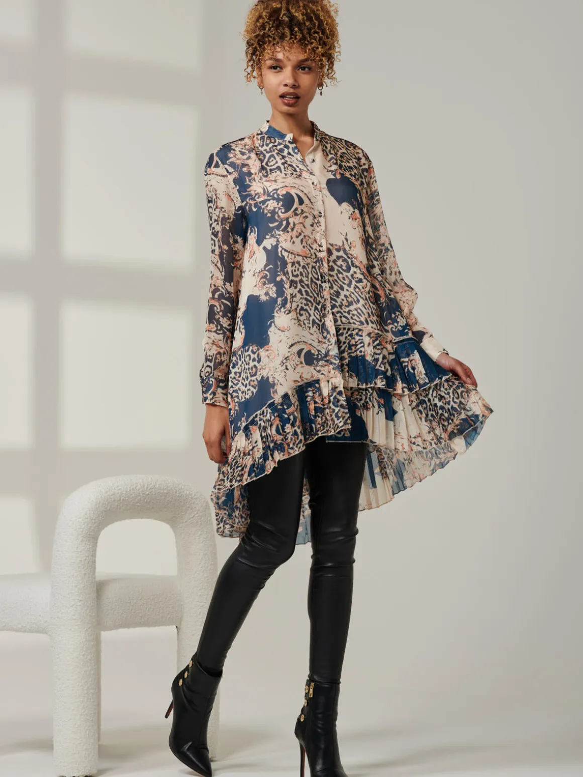 Asymmetric Tiered Hem Shirt, Teal Pattern