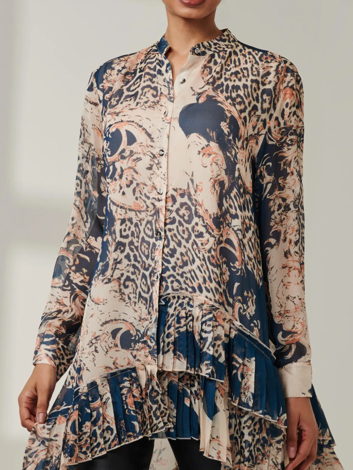 Asymmetric Tiered Hem Shirt, Teal Pattern