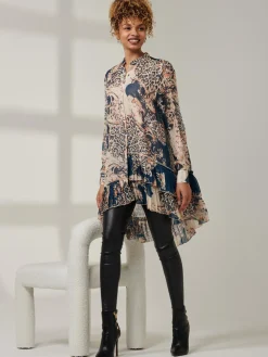Asymmetric Tiered Hem Shirt, Teal Pattern