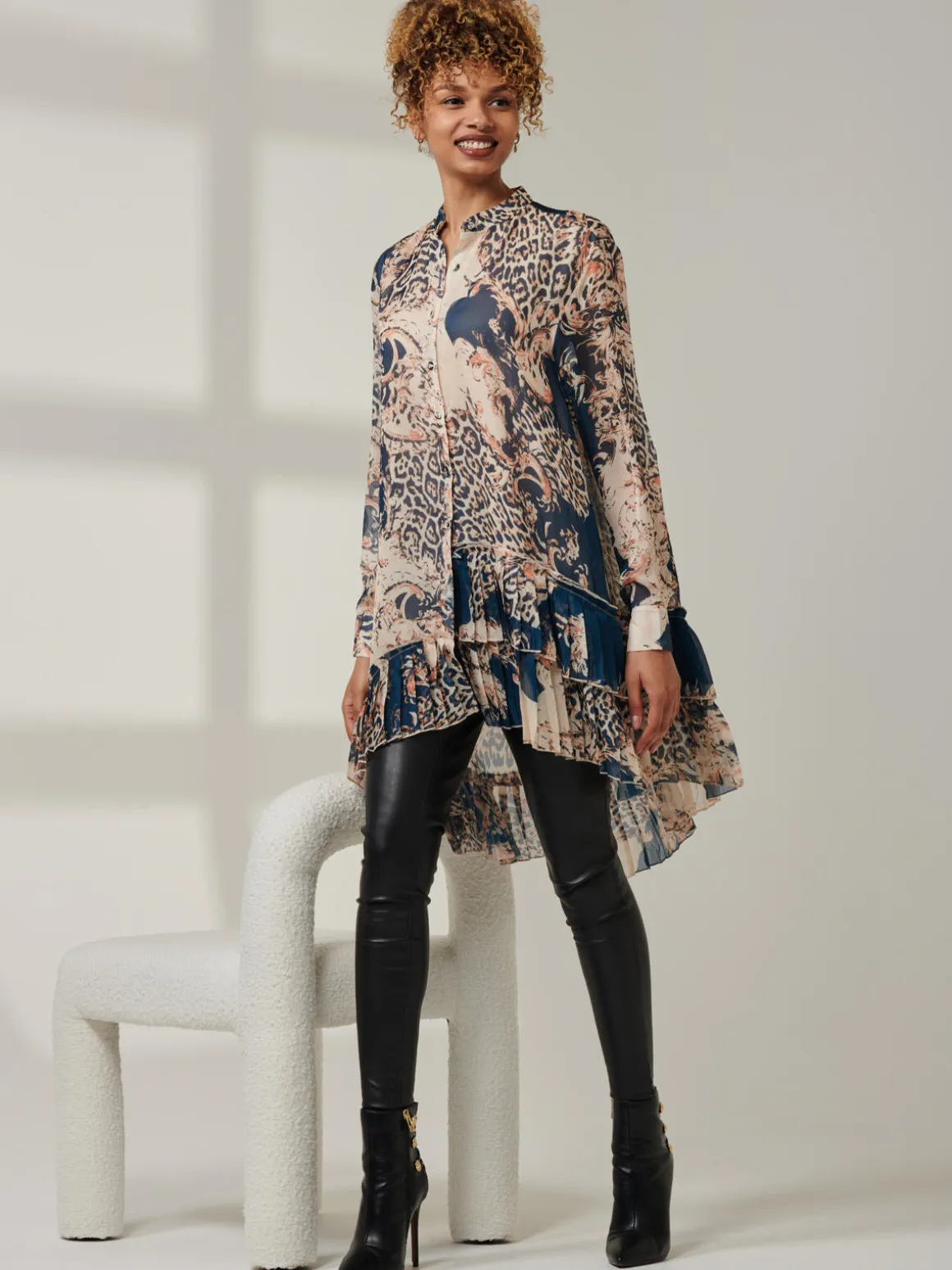 Asymmetric Tiered Hem Shirt, Teal Pattern