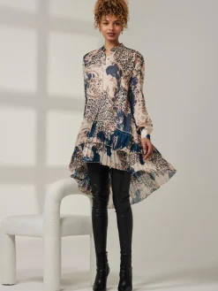 Asymmetric Tiered Hem Shirt, Teal Pattern