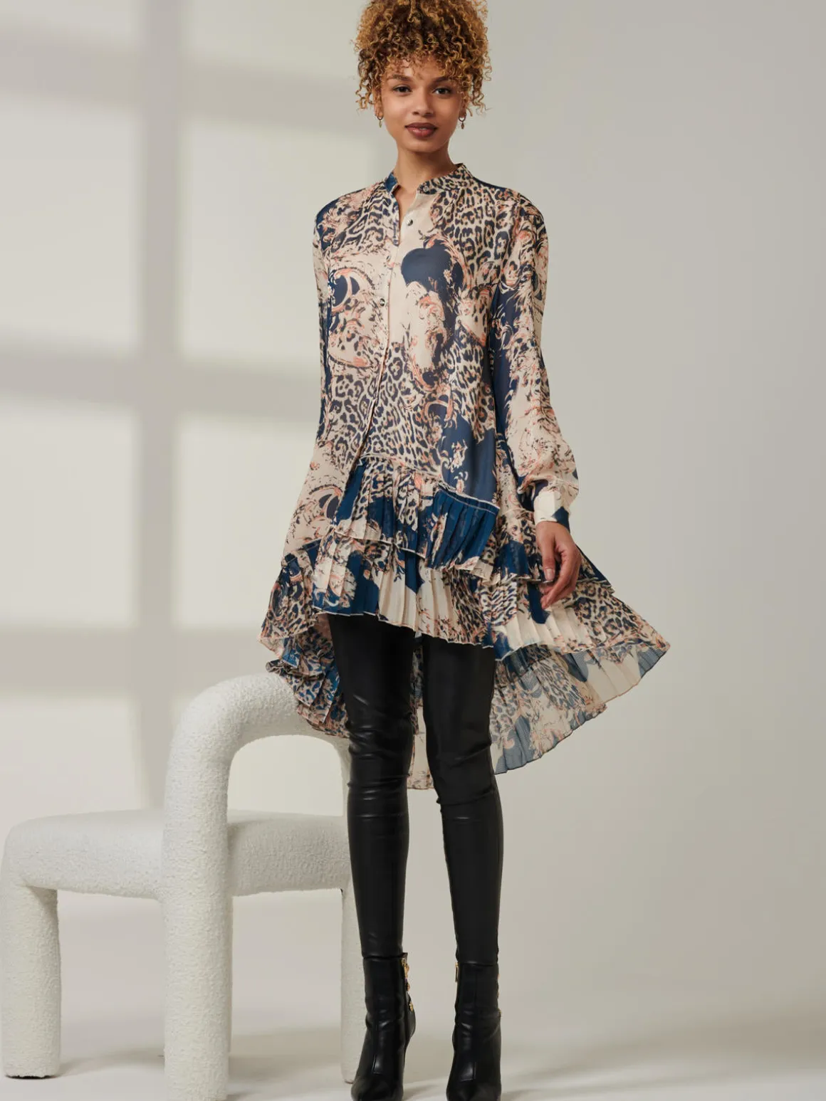Asymmetric Tiered Hem Shirt, Teal Pattern