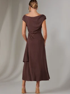 Asymmmetric Draped Midi Dress, Brown