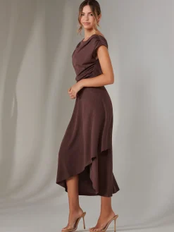 Asymmmetric Draped Midi Dress, Brown