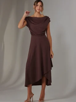 Asymmmetric Draped Midi Dress, Brown