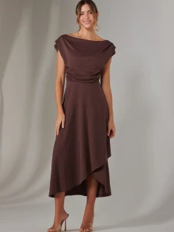 Asymmmetric Draped Midi Dress, Brown