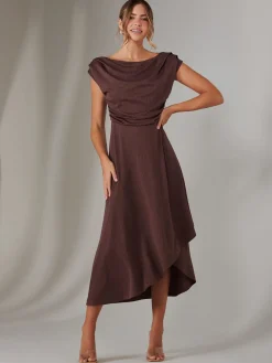 Asymmmetric Draped Midi Dress, Brown