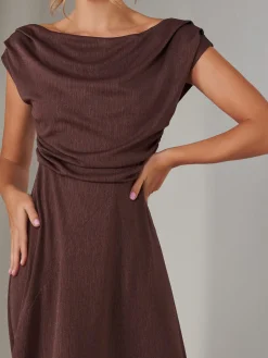Asymmmetric Draped Midi Dress, Brown
