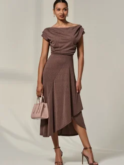 Asymmmetric Draped Midi Dress, Chocolate