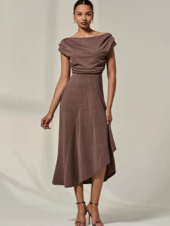Asymmmetric Draped Midi Dress, Chocolate
