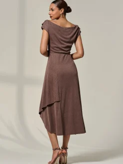 Asymmmetric Draped Midi Dress, Chocolate