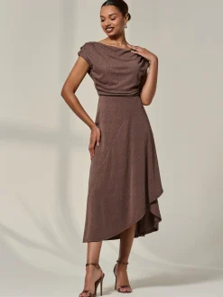 Asymmmetric Draped Midi Dress, Chocolate