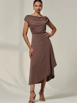 Asymmmetric Draped Midi Dress, Chocolate