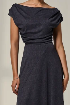 Asymmmetric Draped Midi Dress, Dark Grey