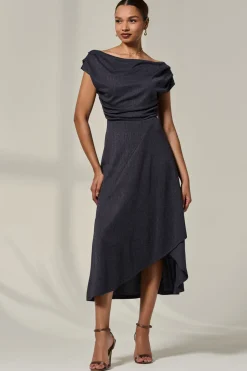 Asymmmetric Draped Midi Dress, Dark Grey