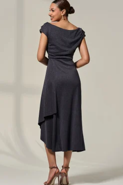 Asymmmetric Draped Midi Dress, Dark Grey