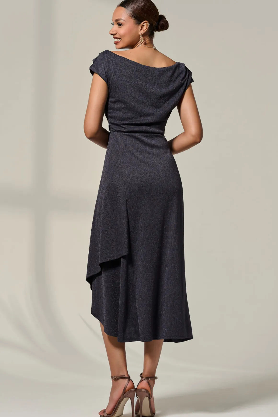 Asymmmetric Draped Midi Dress, Dark Grey