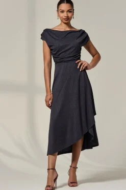 Asymmmetric Draped Midi Dress, Dark Grey
