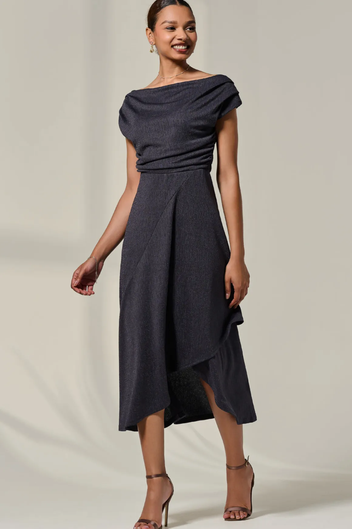 Asymmmetric Draped Midi Dress, Dark Grey