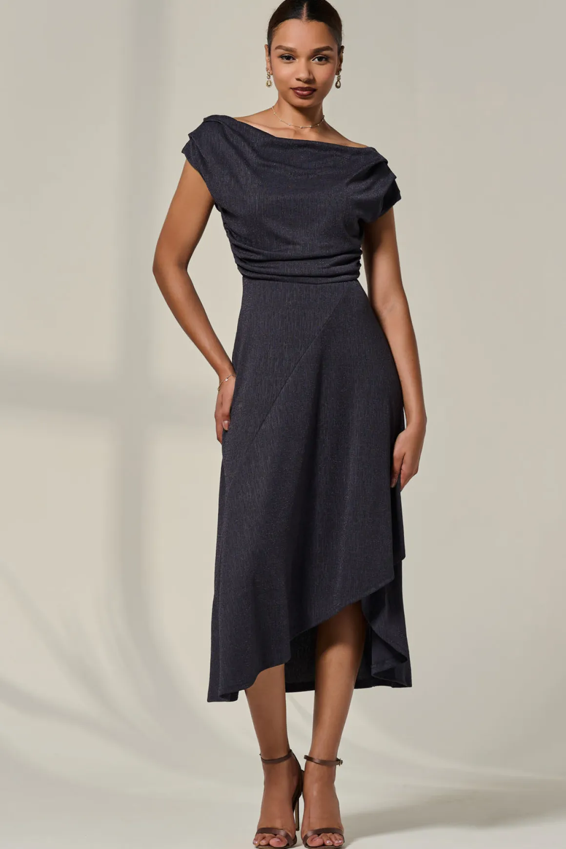 Asymmmetric Draped Midi Dress, Dark Grey