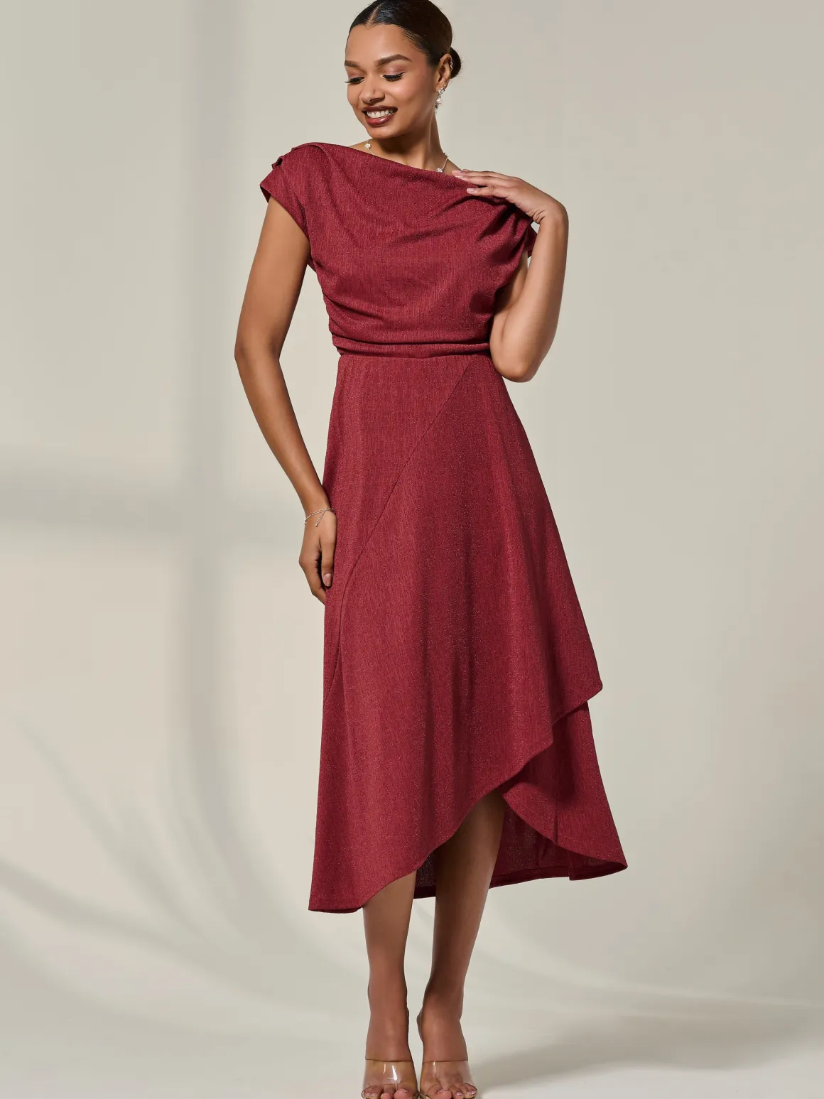 Asymmmetric Draped Midi Dress, Terracotta