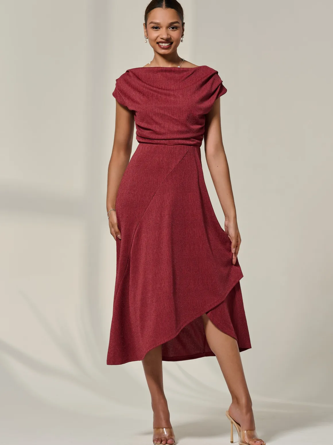 Asymmmetric Draped Midi Dress, Terracotta