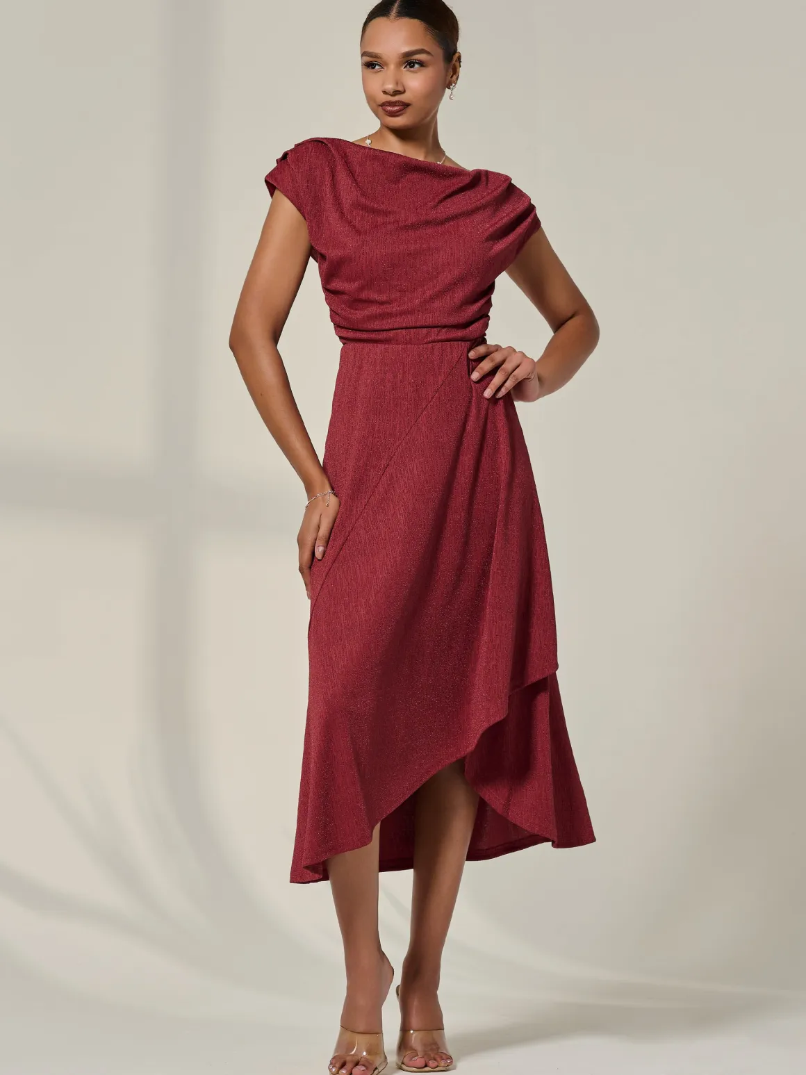 Asymmmetric Draped Midi Dress, Terracotta