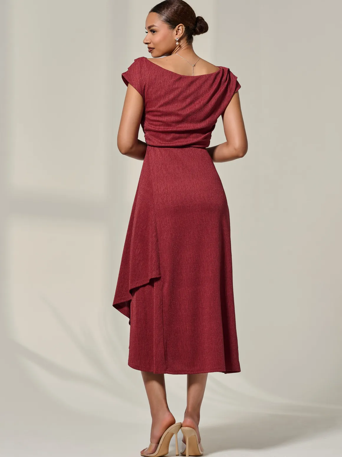Asymmmetric Draped Midi Dress, Terracotta