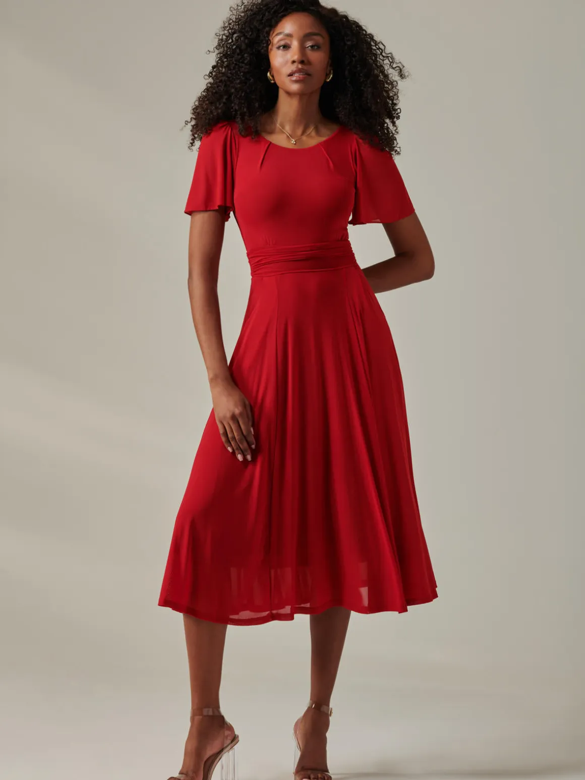 Ayla Plain Mesh Maxi Dress, Red