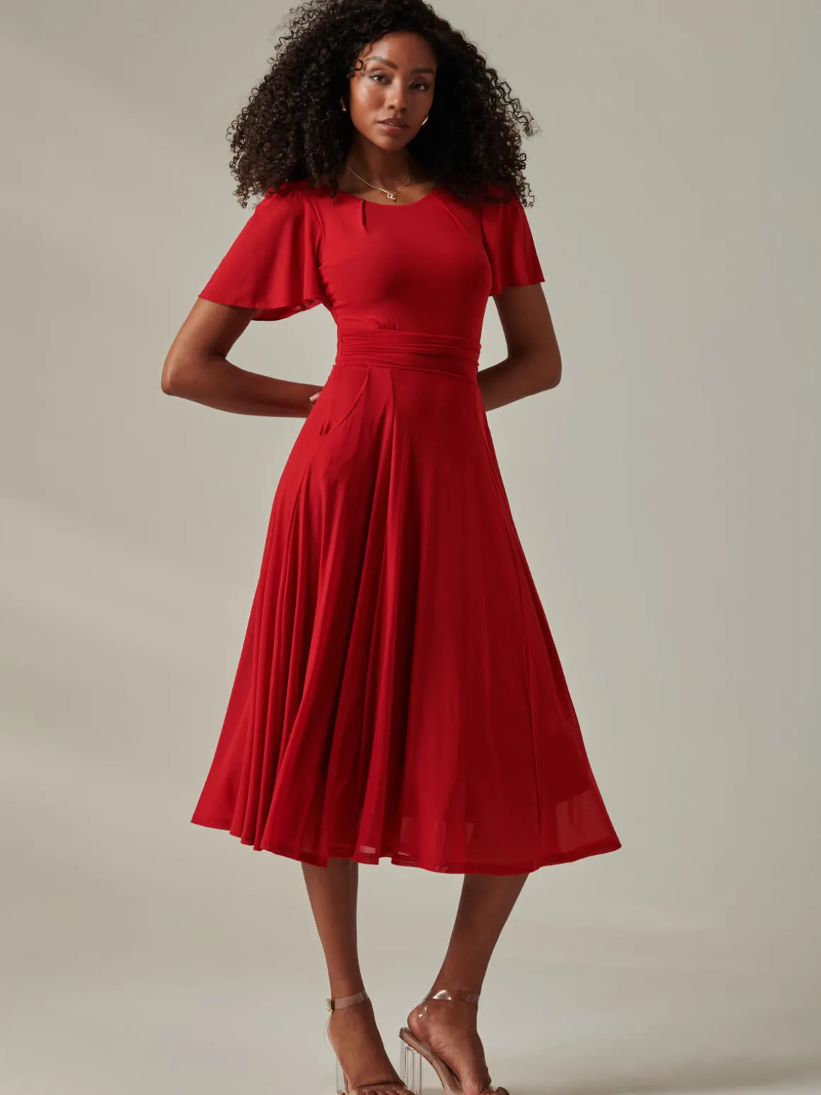 Ayla Plain Mesh Maxi Dress, Red